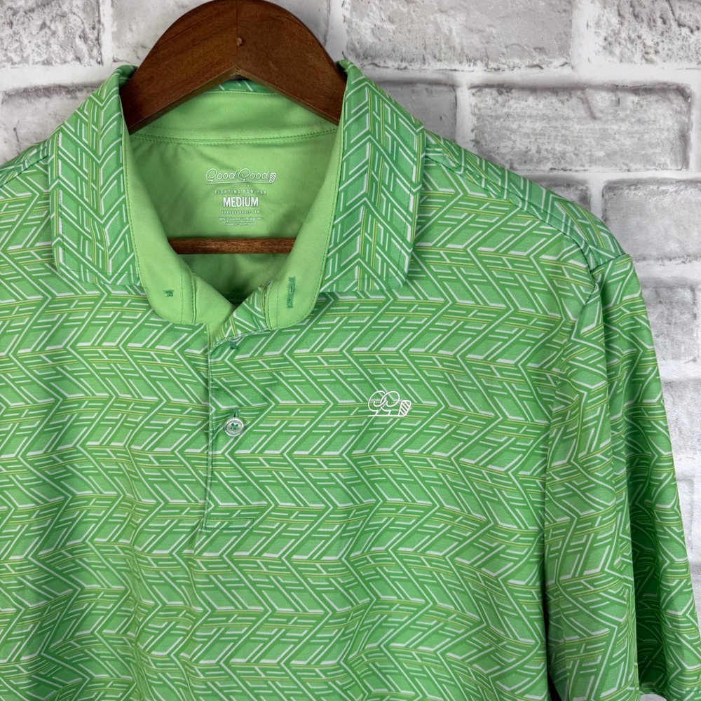 Good Good Golf Men Green Geometric Chevron Performance Stretch Polo Shirt Medium